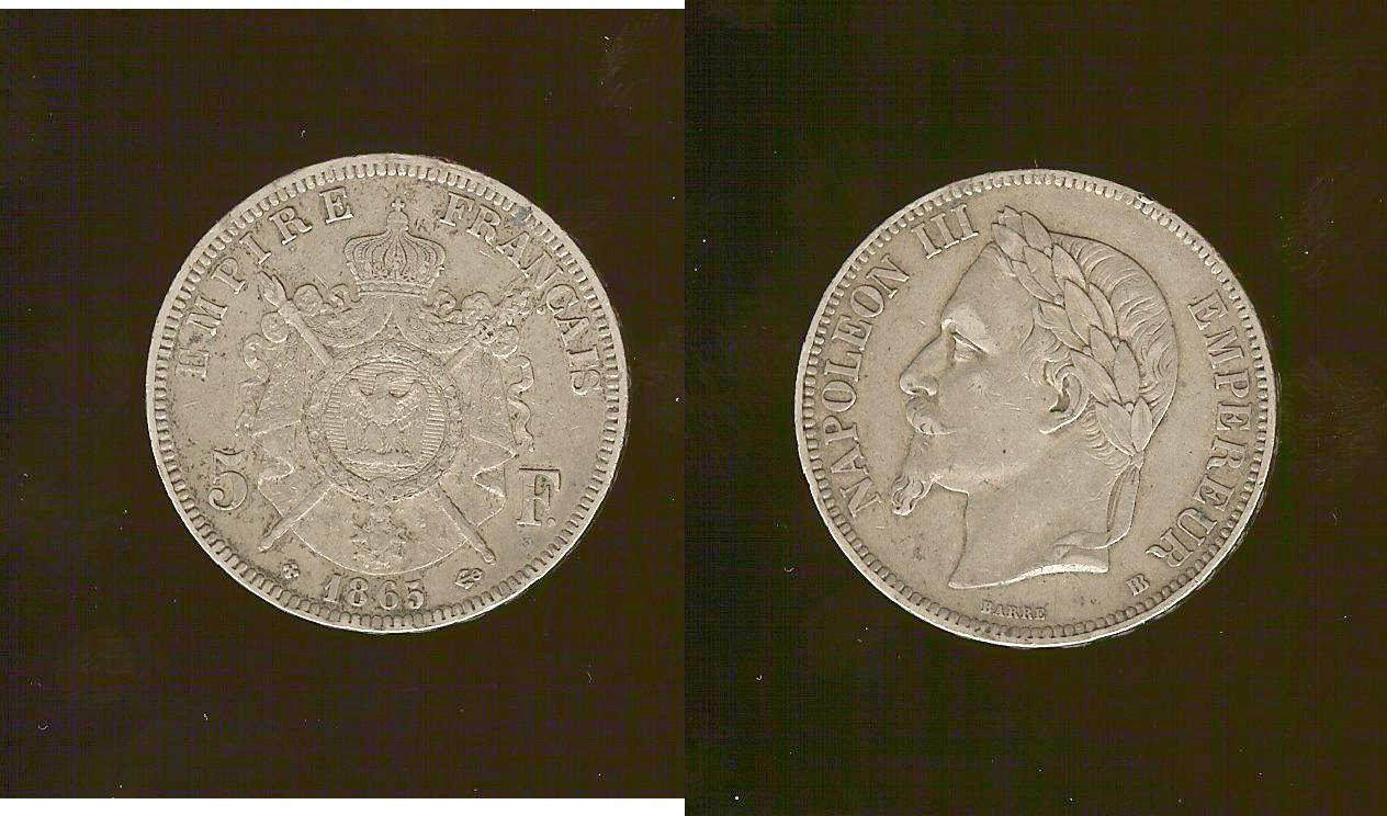 5 francs Napoléon III, tête laurée 1865 Strasbourg TTB+